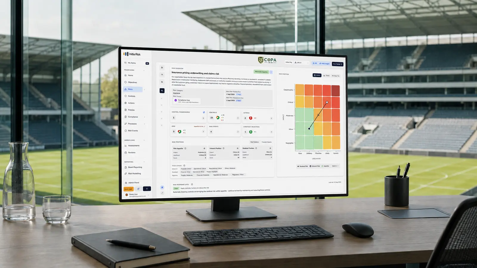 COPA and Initia Risk digital platform displayed in a football stadium operations workspace