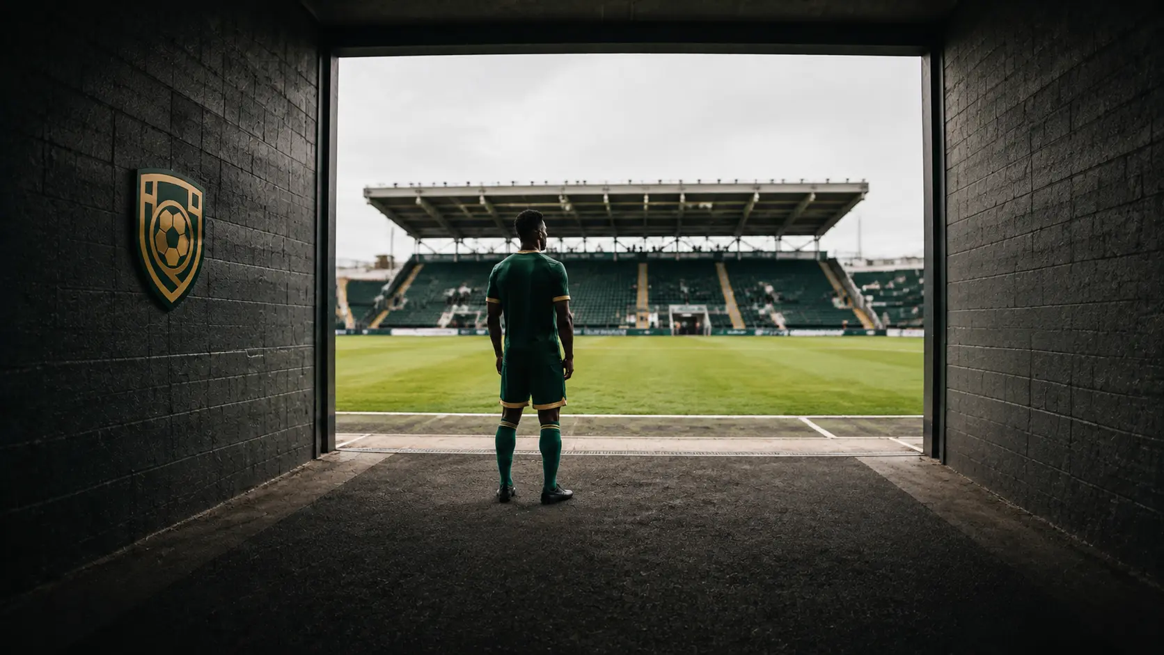 A fictional COPA United player in green and gold kit looking from the tunnel towards the pitch