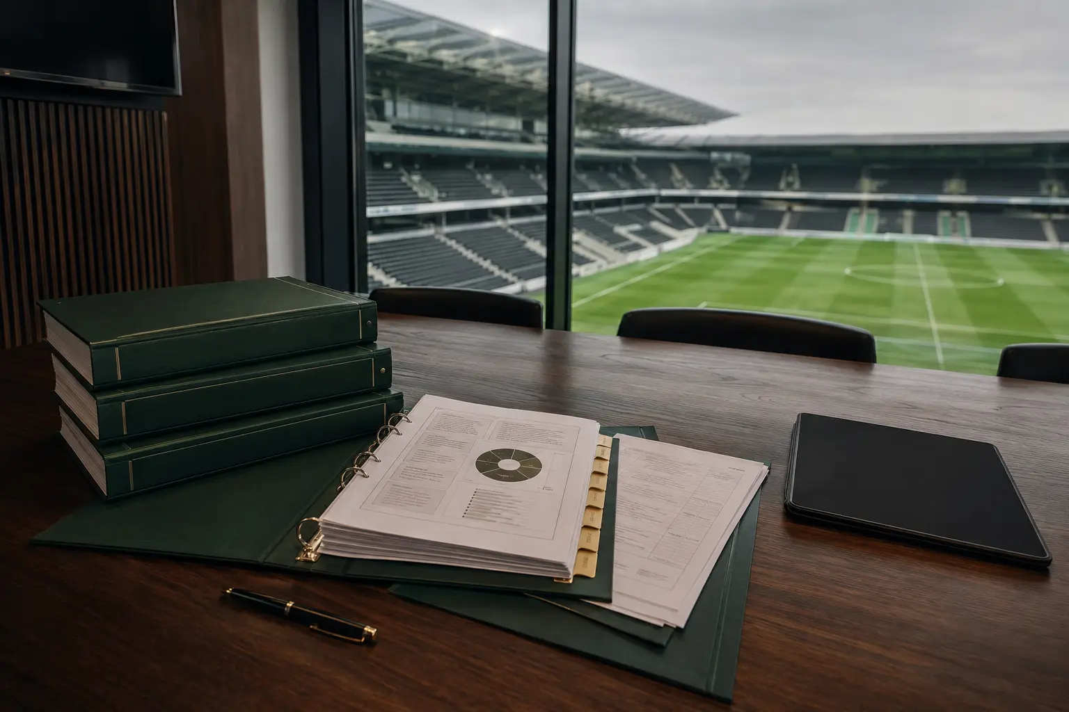 Football governance, risk and control materials in a stadium boardroom overlooking the pitch