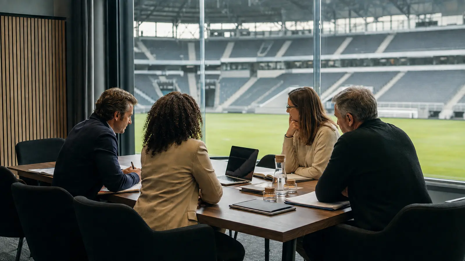 Multidisciplinary advisers working together in a stadium boardroom overlooking the pitch